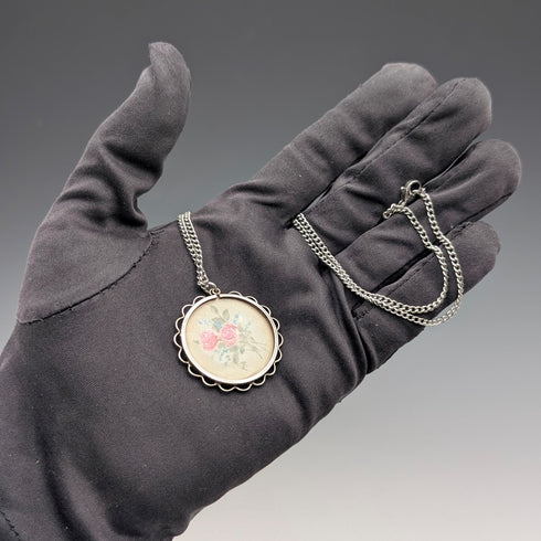 Vintage sterling silver hand-painted rose pendant with necklace